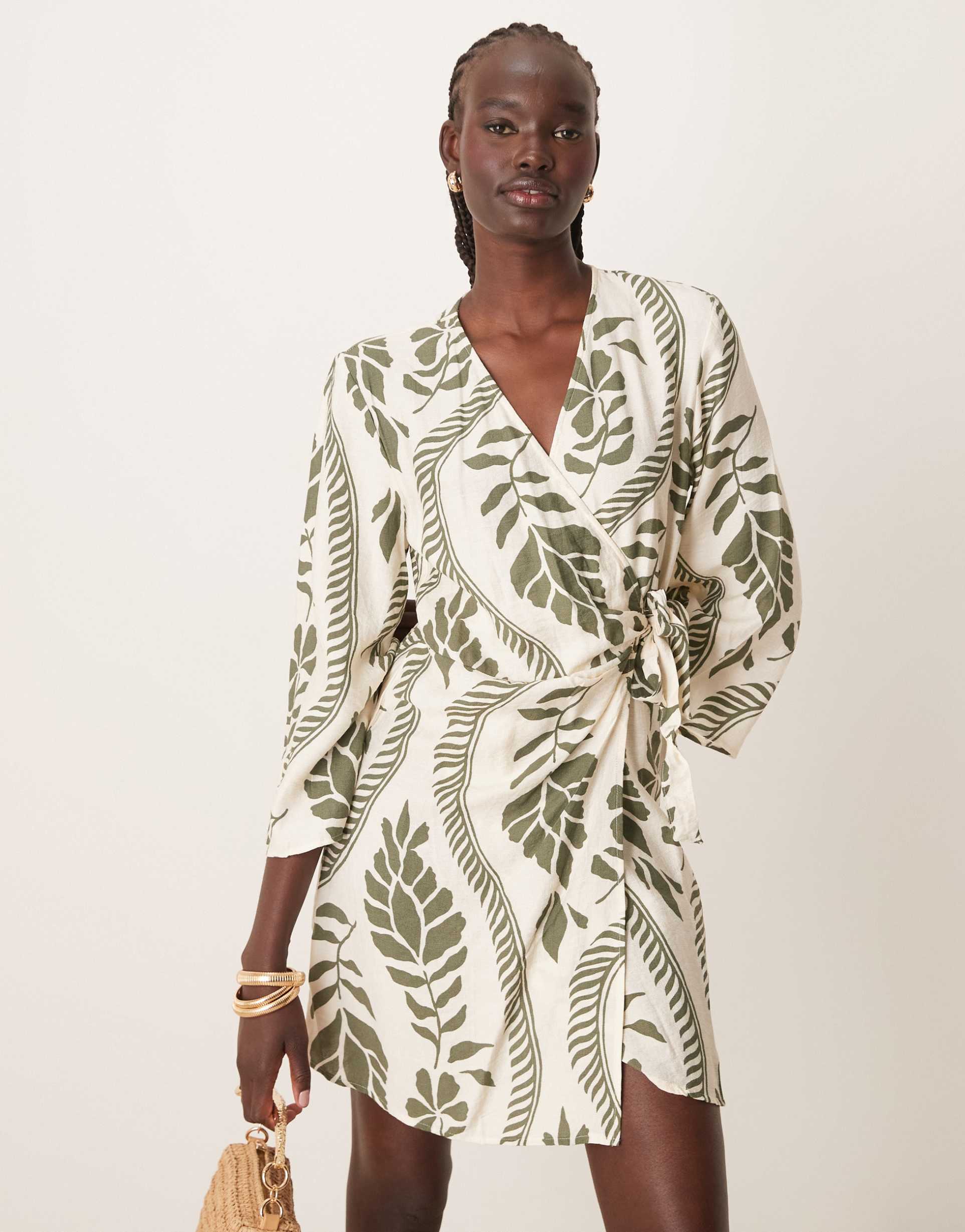 jdy wrap kimono dress beige with khaki palm print