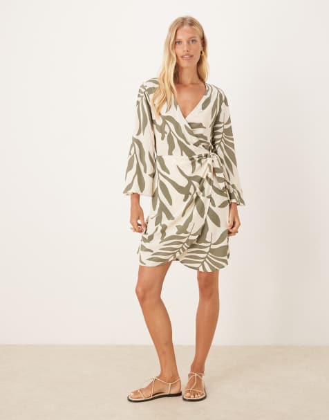 JDY wrap kimono dress in beige with green palm print - view 1