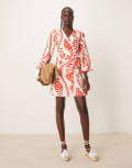 [JDY] JDY wrap kimono dress in red floral print-White S RED