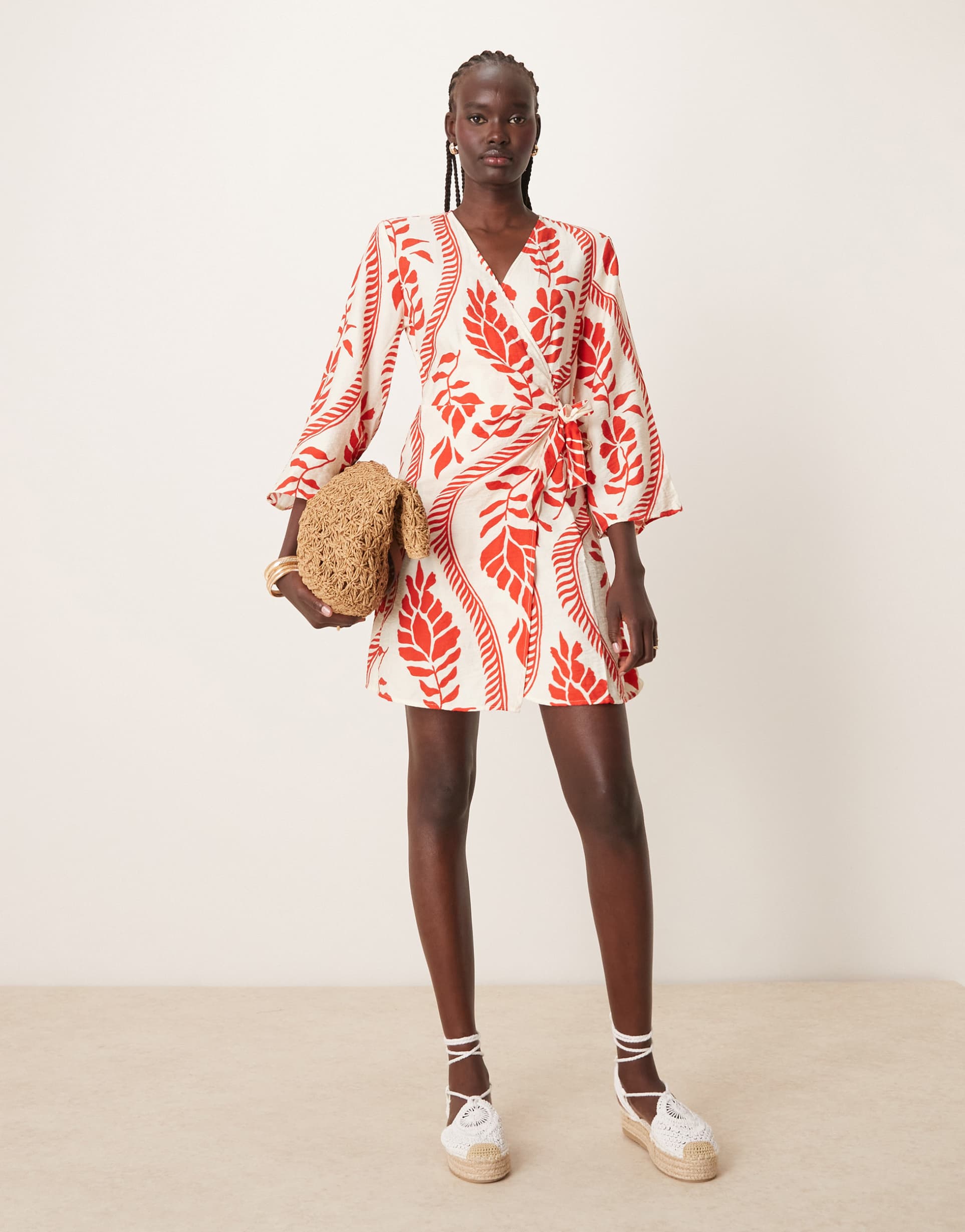 jdy wrap kimono dress in red floral print