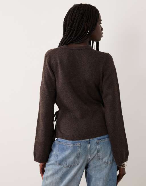 JDY wrap knit cardigan in chocolate melange, 3 of 4