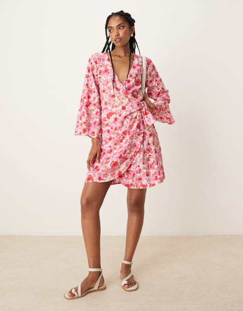 JDY wrap mini dress in pink abstract floral print - view 1