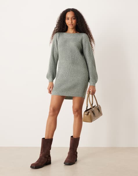 JDY boat neck knitted mini jumper dress in green