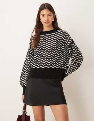 JDY JDY zig zag stripe detail jumper in black and white