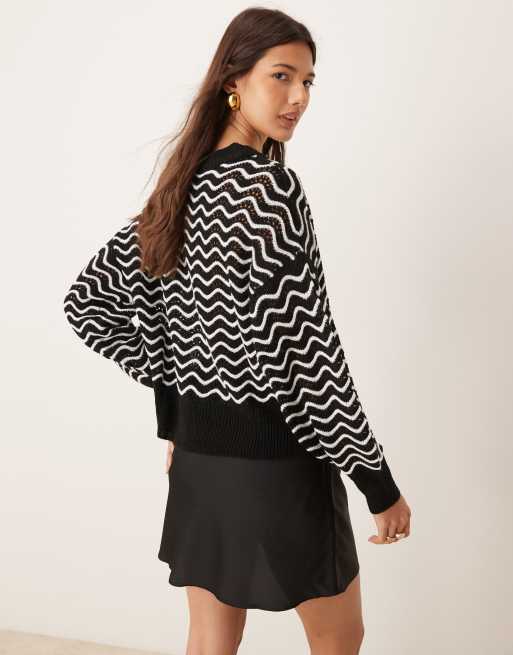 JDY zig zag stripe detail jumper in black and white, 2 of 4