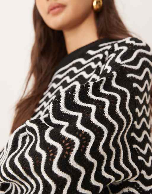 JDY zig zag stripe detail jumper in black and white, 3 of 4