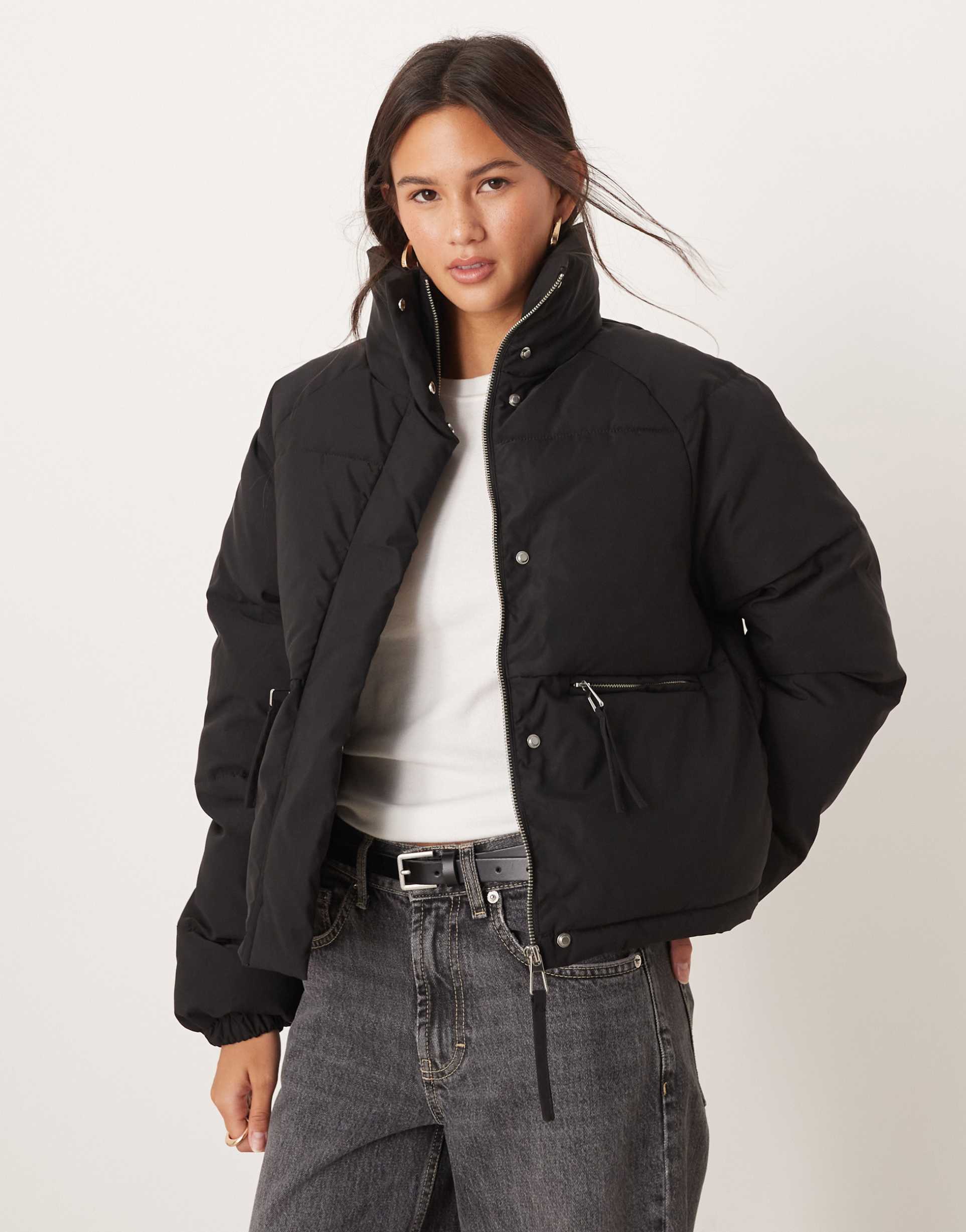 jdy zip detail padded coat in black