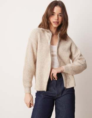 zip knitted cardigan in cream-White