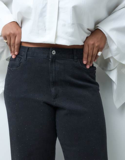 Jeans Curve taille haute barrel à strass noirs en denim, 4 de 5