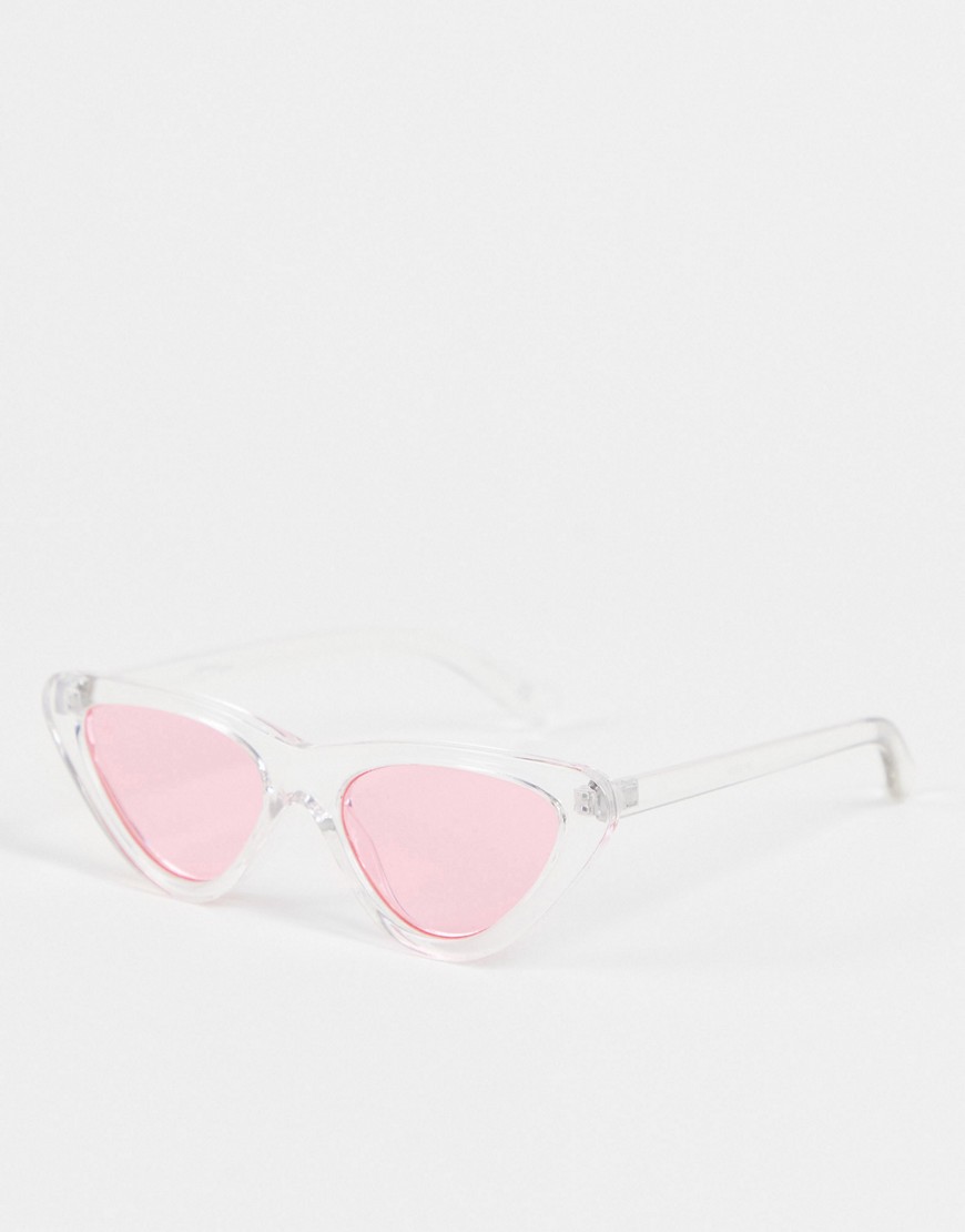 Jeepers Peepers cat eye sunglasses with clear frames and pink lens