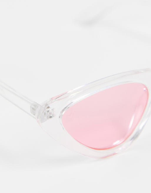 Jeepers Peepers cat eye sunglasses with clear frames and pink lens