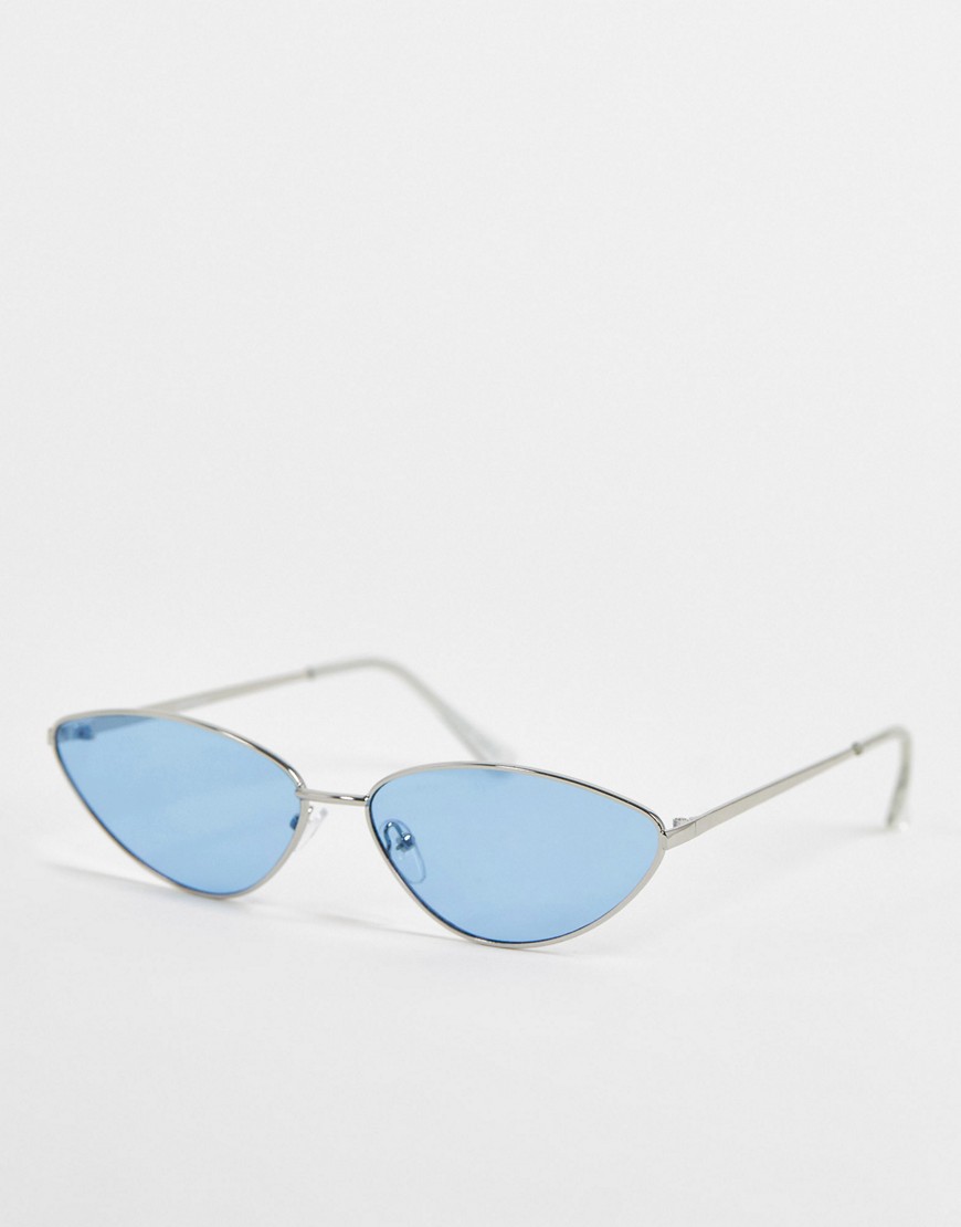 Jeepers Peepers cat eye sunglasses with silver frame and blue lens