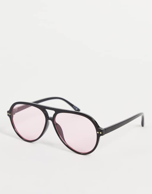 Jeepers Peepers – Czarne okulary przeciwsłoneczne oversize typu aviator z różowymi szkłami