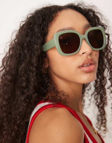 Jeepers Peepers – Eckige Sonnenbrille in Salbeigrün mit breitem Gestell - view 1