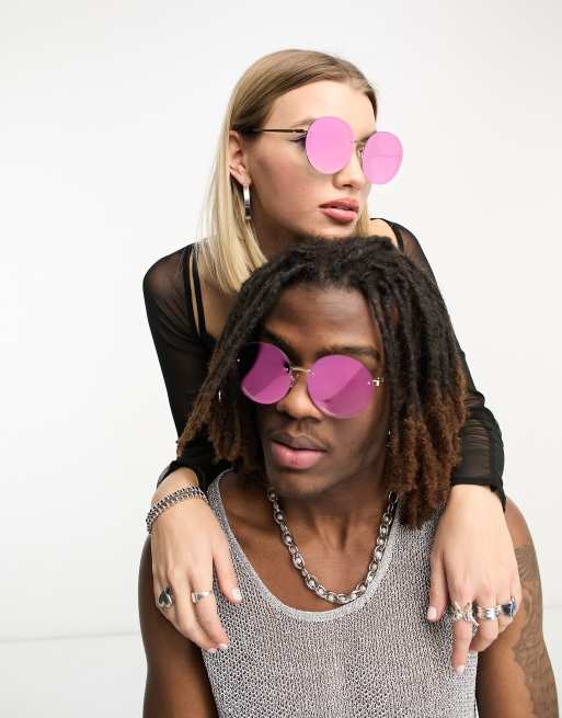 Jeepers Peepers - Festival - Oversized, runde, uindfattede solbriller med reflekterende glas i pink