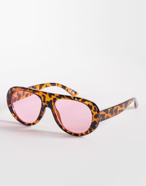 Jeepers Peepers flat top round sunglasses in bright tort with pink lens - view 1