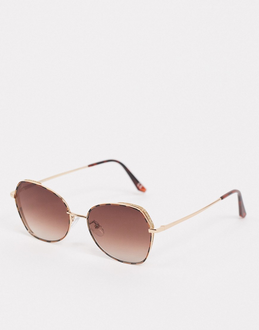 Jeepers Peepers – Guldfärgade, kantiga solglasögon med lila glas