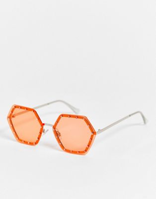 Jeepers Peepers hex shape sunglasses with diamante detail in orange