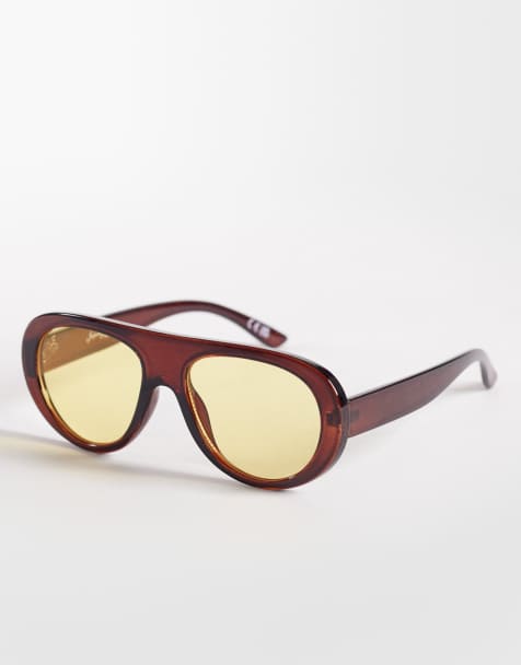 Jeepers Peepers - Lunettes de soleil rondes à bord supérieur plat et verres jaunes - Marron - view 1