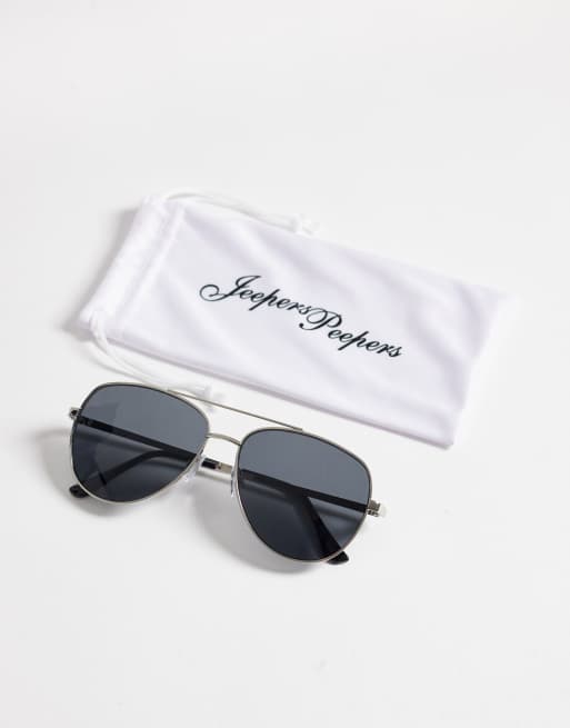 Jeepers Peepers - Occhiali da sole modello aviatore in metallo nero e argento, 3 di 3