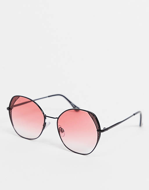Jeepers Peepers oversized angled sunglasses in black with pink lens and lens detail