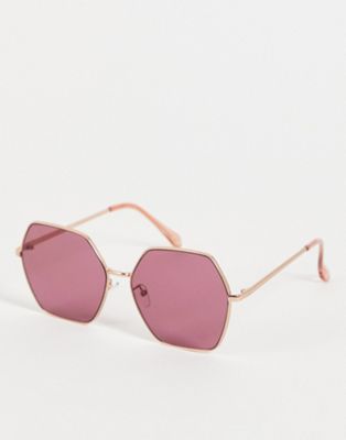 Jeepers Peepers Oversized Hex Sunglasses In Gold With Blush Lens-purple