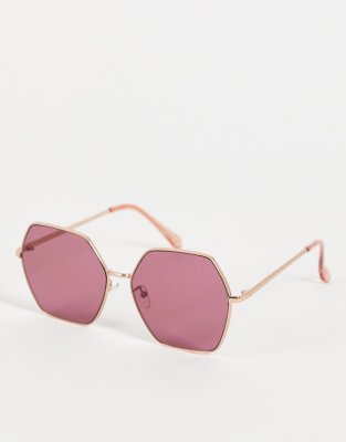 Jeepers Peepers Jeepers Peepers oversized hex sunglasses in gold with blush lens-Purple