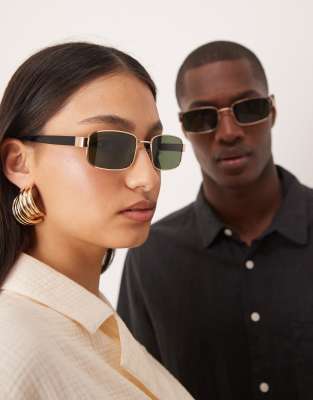 Jeepers Peepers - Rechteckige Sonnenbrille aus goldfarbenem Metall mit grünen Gläsern