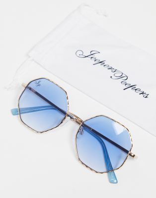 Jeepers Peepers - Ronde zonnebril voor dames in goud met blauwe glazen |  ASOS