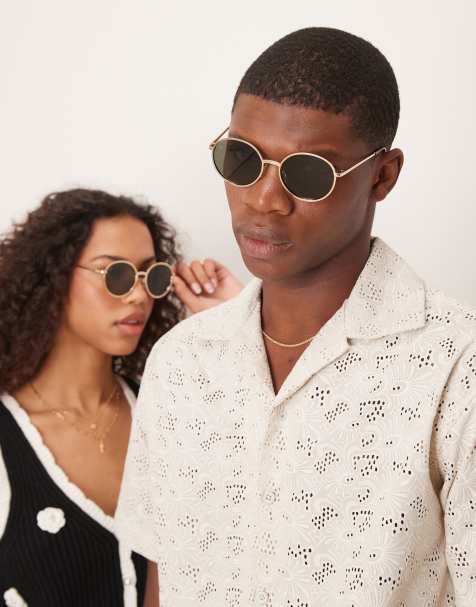 Jeepers Peepers – Runde Sonnenbrille aus Metall in Gold mit grünen Gläsern - view 1