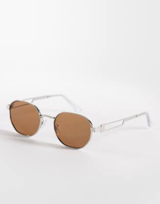 Jeepers Peepers - Runde Sonnenbrille aus Metall in Silber mit braunen Gläsern