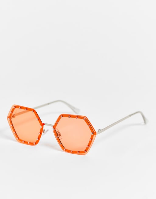 Jeepers Peepers – Sechseckige Sonnenbrille in Orange mit Schmucksteinen