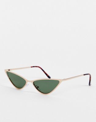 Jeepers Peepers slim cat eye sunglasses in gold with green lens