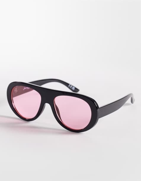 Jeepers Peepers – Svarta, runda solglasögon med platt överkant och rosa glas - view 1