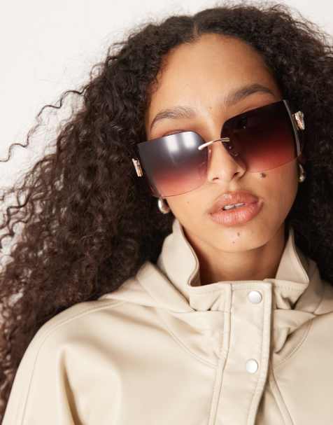 Jeepers Peepers Y2K rimless oversized square metal sunglasses with embellished detail in rose gold - view 1