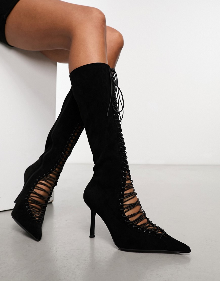 Jeffrey Campbell Disclose lace up heeled knee boot in black