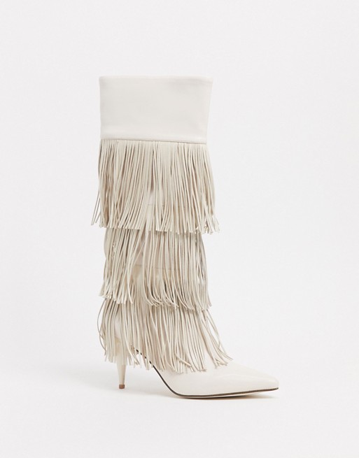 Jeffrey Campbell Frolik fringed heeled boot in white