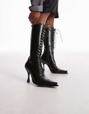  knee-high victorian lace-up heeled boots in dark green 