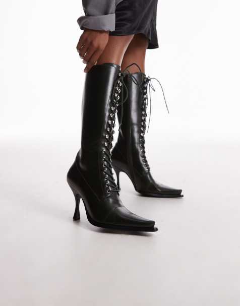 Jeffrey Campbell knee-high victorian lace-up heeled boots in dark green  - view 1