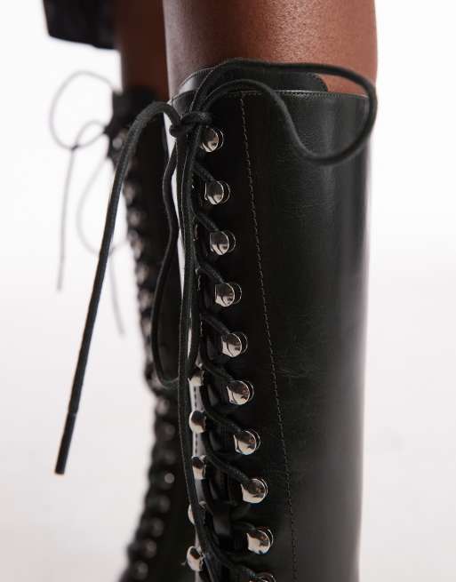 Jeffrey Campbell knee-high Victorian lace-up heeled boots in dark green , 2 of 4