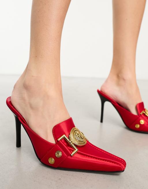 Balenciaga square toe sale leather mules red