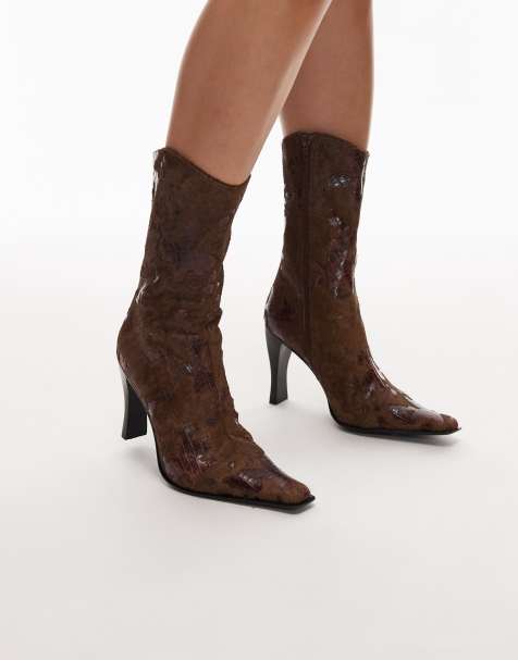 Jeffrey Campbell mid ankle heeled western boots in brown croc fur - view 1