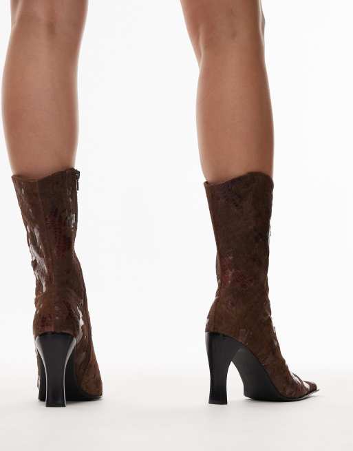 Jeffrey Campbell mid ankle heeled western boots in brown croc fur
