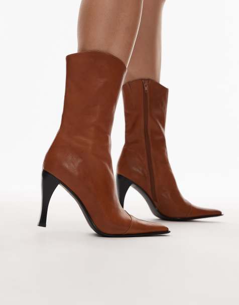 Jeffrey Campbell mid ankle heeled western boots in dark tan blush - view 1