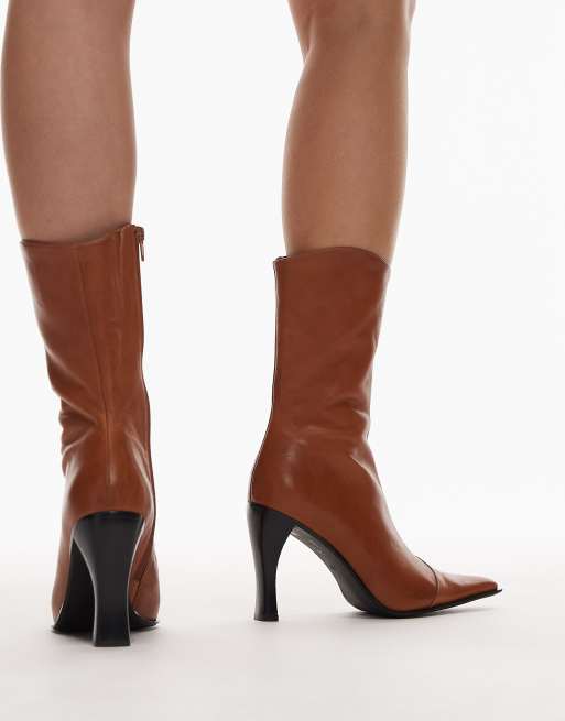 Jeffrey Campbell mid ankle heeled western boots in dark tan blush