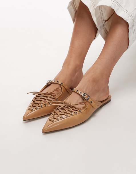 Jeffrey Campbell pointed lace up mules in beige - view 1
