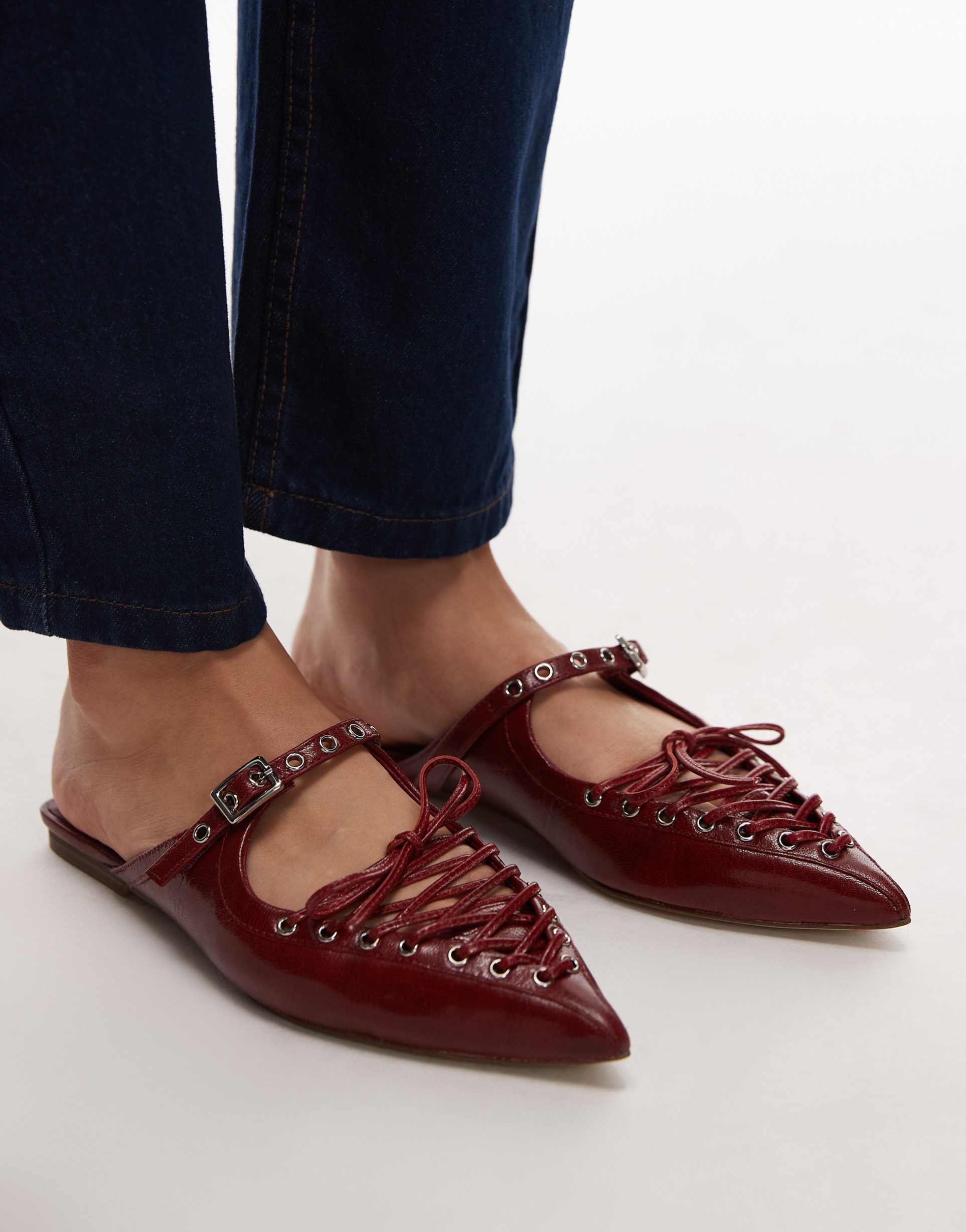 jeffrey campbell pointed lace-up mules in red