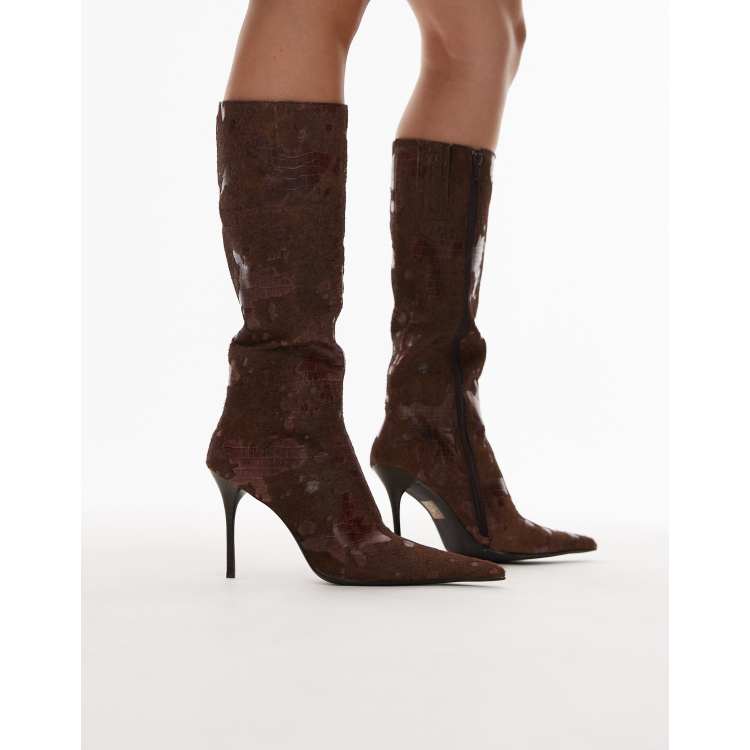 Jeffrey Campbell pointed toe stiletto knee-high boot in brown croc