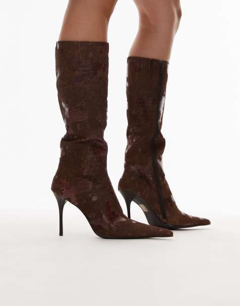 Jeffrey Campbell pointed toe stiletto knee-high boot in brown croco - view 1