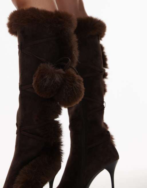 Jeffrey Campbell pointed toe stiletto knee-high boot with faux-fur in brown, 3 of 4